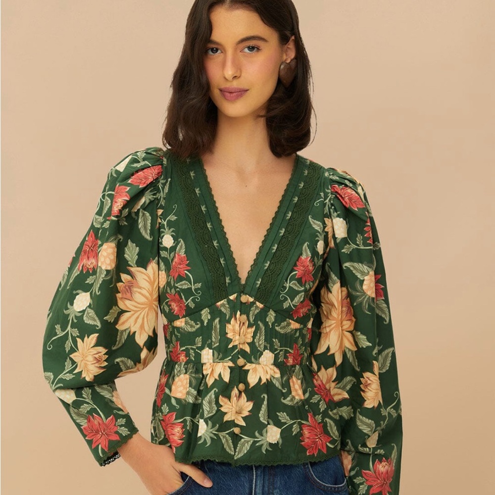 FARM Rio Green Pineapple Garden Blouse Size M